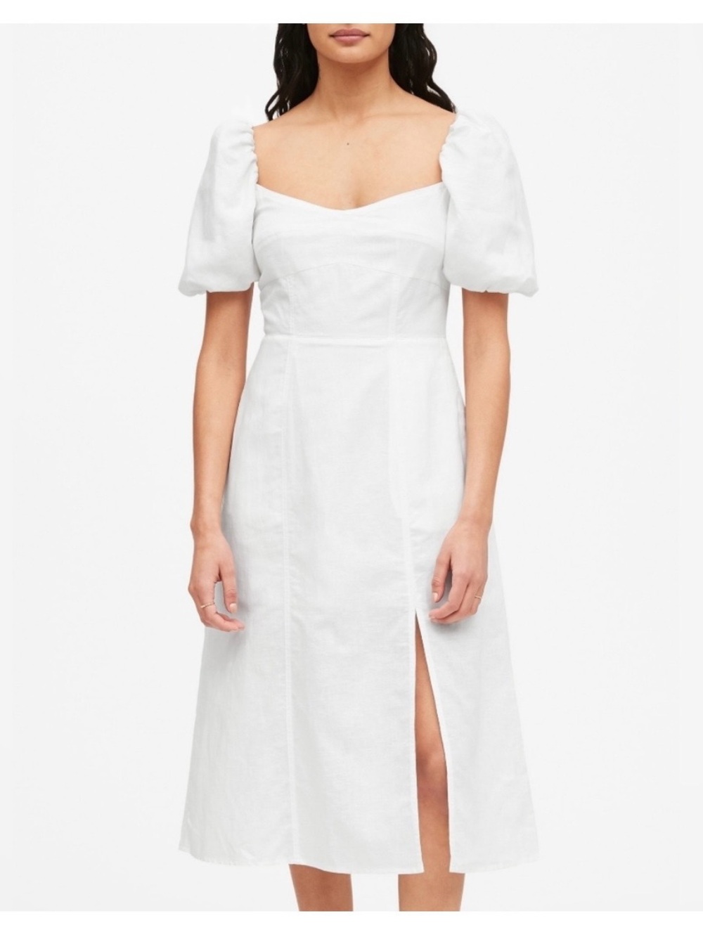 Banana Republic White Puff Sleeve Linen Cotton Midi Dress with Front Slit - Picture 1 of 8